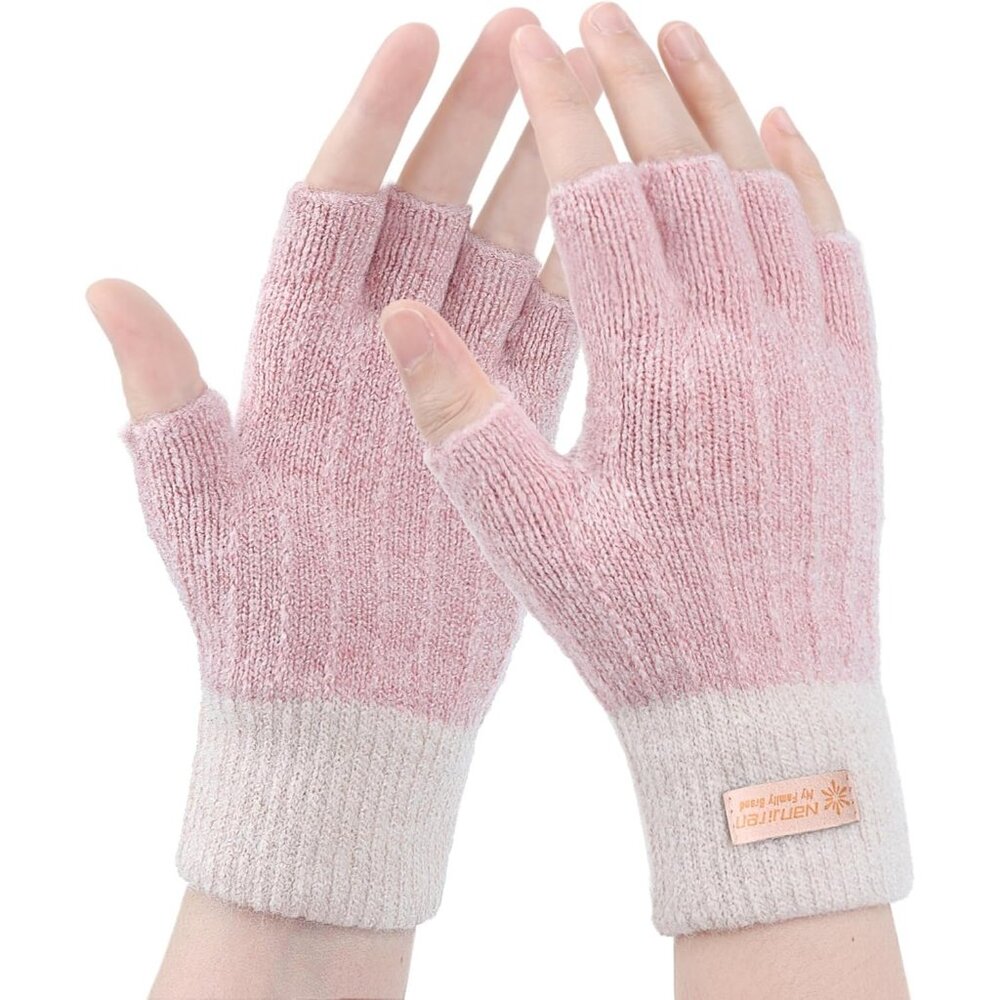 Women's Pink White Half Fingers Fingerless Cozy Lining Knitted Mittens Gloves
